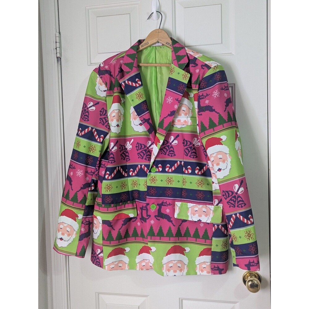 Holiday Ugly Christmas Blazer Sport Coat Jacket LARGE Santa Reindeer Pink Green